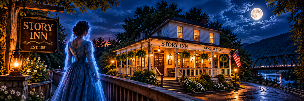 AI illustration of the Blue Lady overlooking Story Inn at night in Story, Indiana