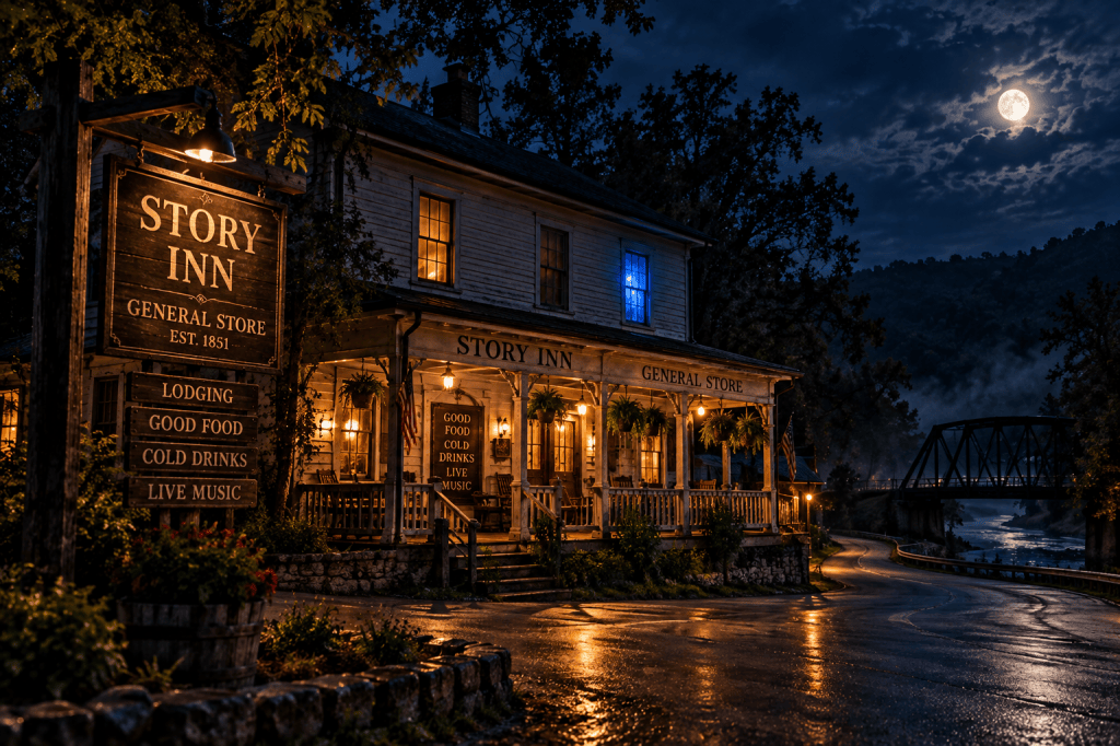 AI illustration of Story Inn at night with a mysterious blue glow from an upstairs window