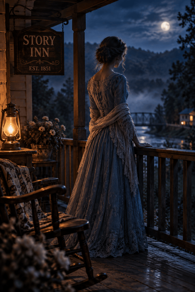 AI illustration of an unidentified Victorian-era woman in a blue dress inspired by the Blue Lady legend of Story Inn