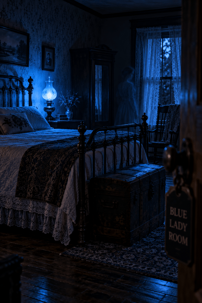 AI illustration of the Blue Lady Room illuminated by a blue light with a faint ghostly figure near the window