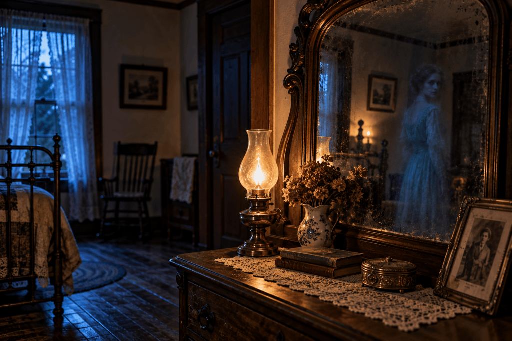 AI illustration of a ghostly woman appearing in an antique mirror, inspired by the Blue Lady legend at Story Inn