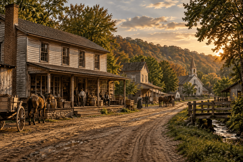 Historical illustration of Story, Indiana in the late 1800s, showing a general store, dirt road, horses and a small Brown County community