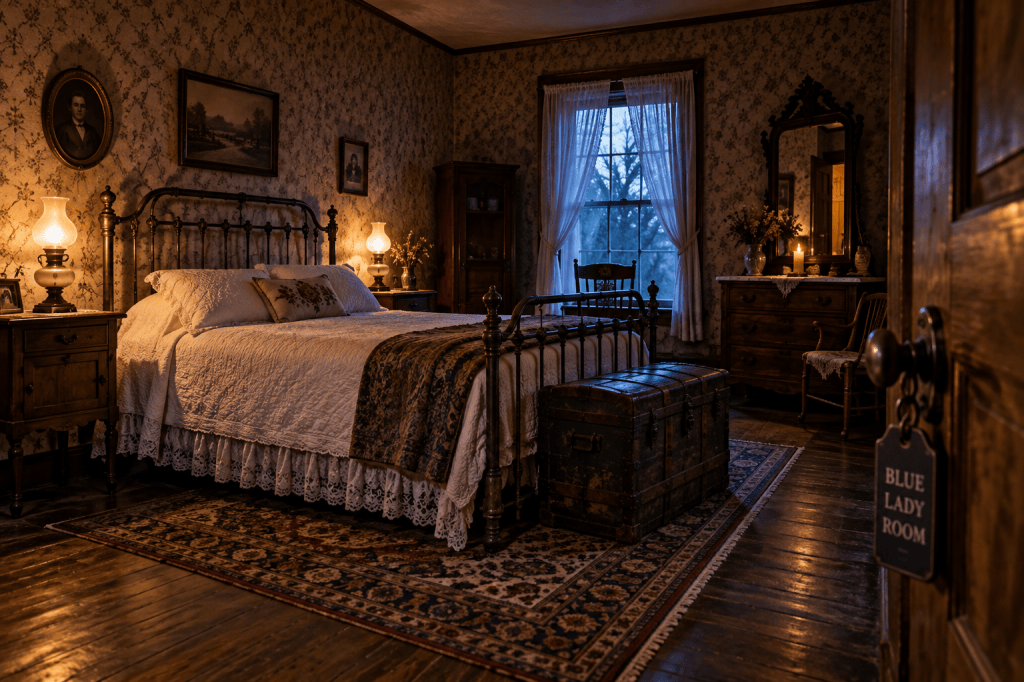 Atmospheric illustration of the Blue Lady Room at Story Inn in Story, Indiana