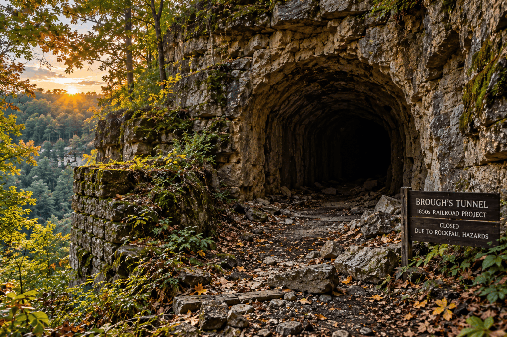 Historical illustration of Brough's Tunnel at Clifty Falls State Park near Madison Indiana, part of an unfinished 1850s railroad project
