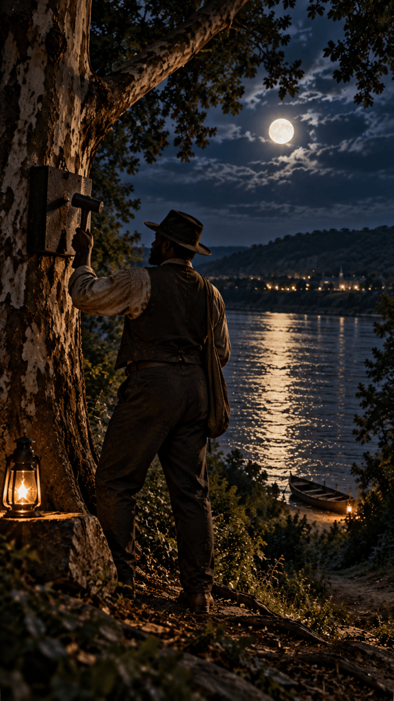 Historical illustration representing Chapman Harris striking an iron signal in a sycamore tree above the Ohio River at Eagle Hollow near Madison Indiana