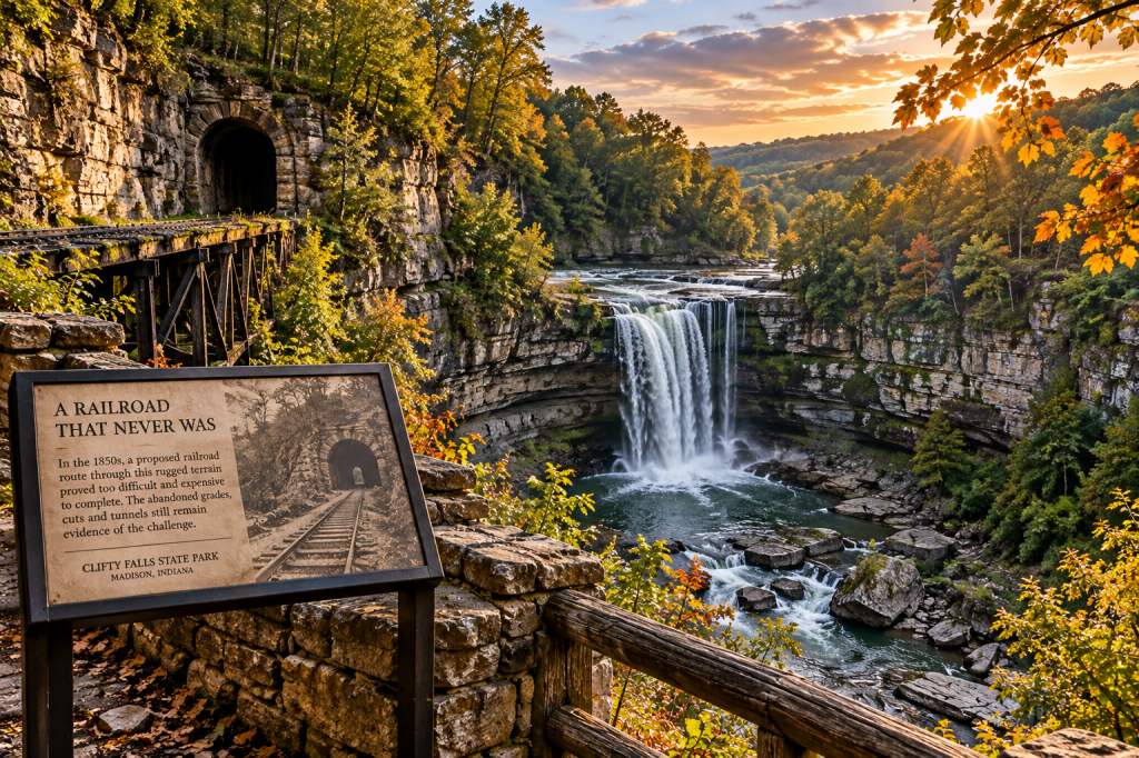 Historical illustration of Clifty Falls State Park near Madison Indiana showing the rugged gorge and unfinished railroad project