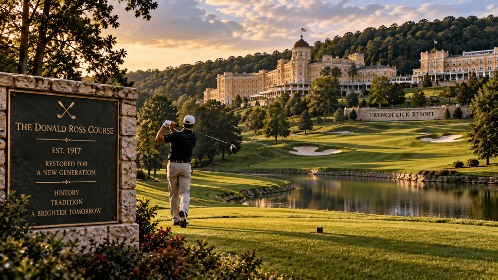 Artistic representation of the restored Donald Ross golf course at French Lick, symbolizing the return of championship golf as part of the resort's revival.
