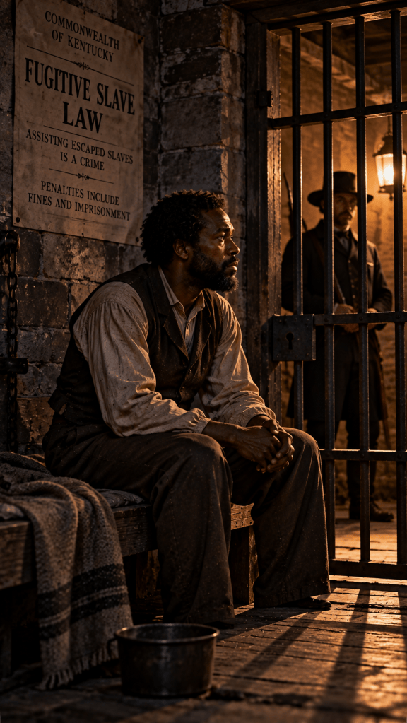 Historical illustration representing Underground Railroad conductor Elijah Anderson imprisoned in Kentucky after helping freedom seekers