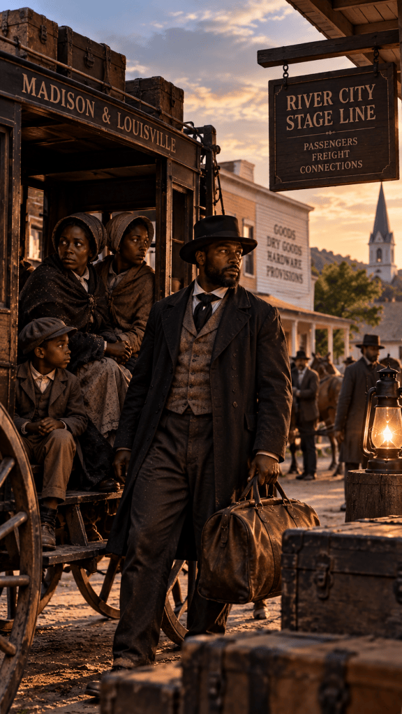 Historical illustration representing Elijah Anderson accompanying freedom seekers through public transportation during the Underground Railroad era