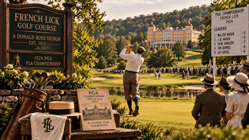 Artistic recreation of 1920s championship golf at French Lick, Indiana, representing the 1924 PGA Championship held on the Donald Ross-designed course.