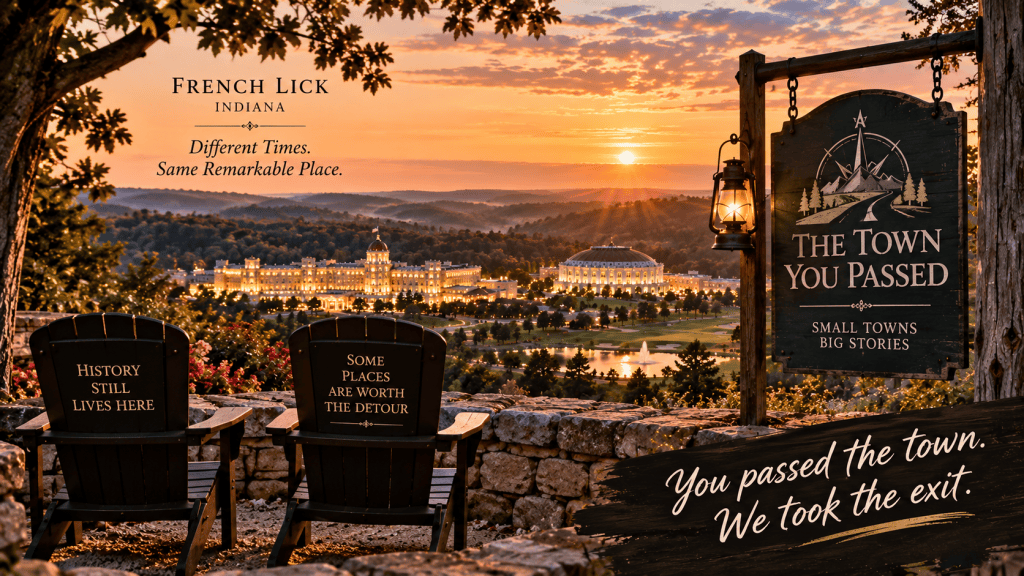 Artistic sunset view overlooking French Lick with historic resort buildings in the valley and The Town You Passed branding, representing the community's journey from decline to renewal.
