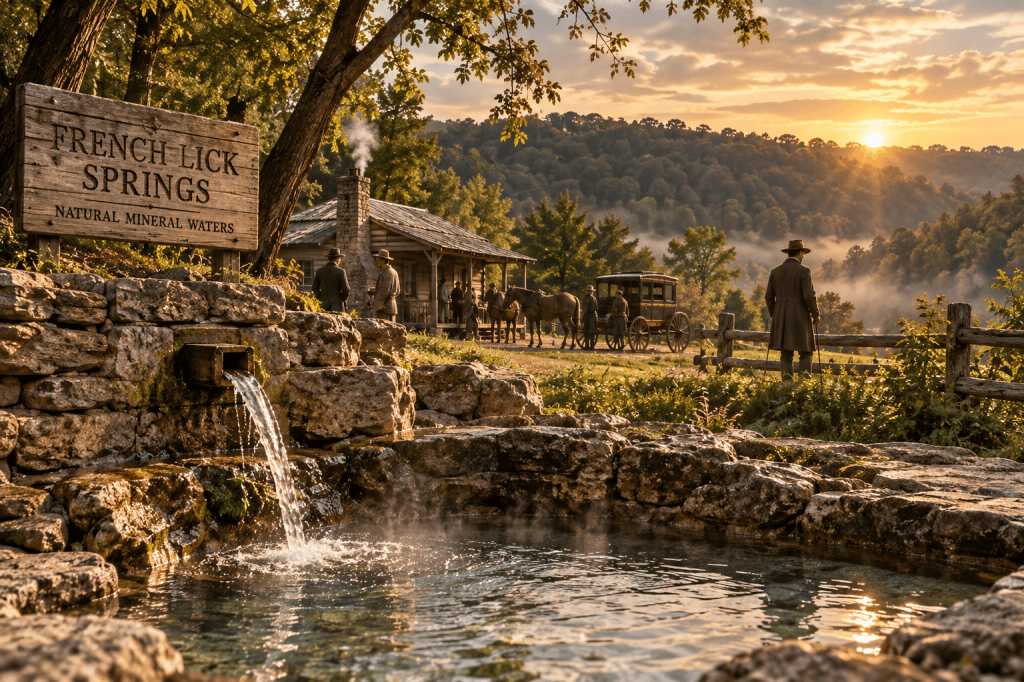 Historical illustration of an early mineral spring in the wooded hills of French Lick, Indiana, with settlers, horses and a stagecoach near the spring.