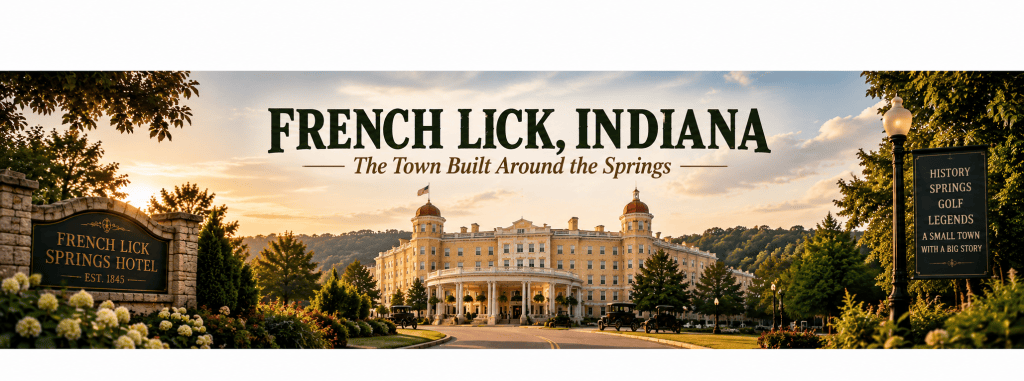 French Lick Springs Hotel in French Lick, Indiana, with the historic hotel centered beneath the title “French Lick, Indiana — The Town Built Around the Springs.