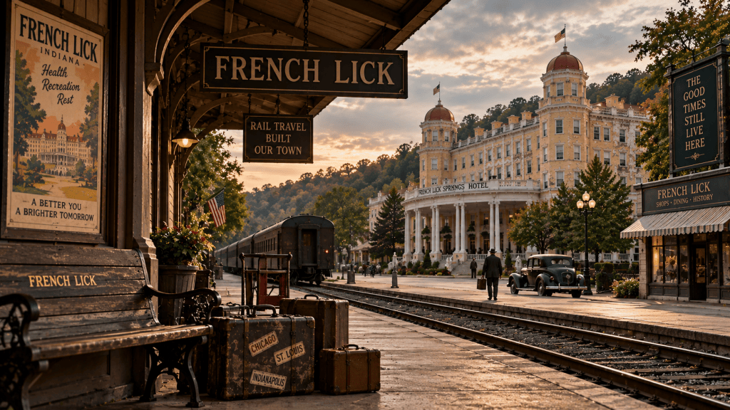 Artistic recreation of a quieter French Lick railroad station and French Lick Springs Hotel as passenger rail travel and the town's early resort era began to decline.