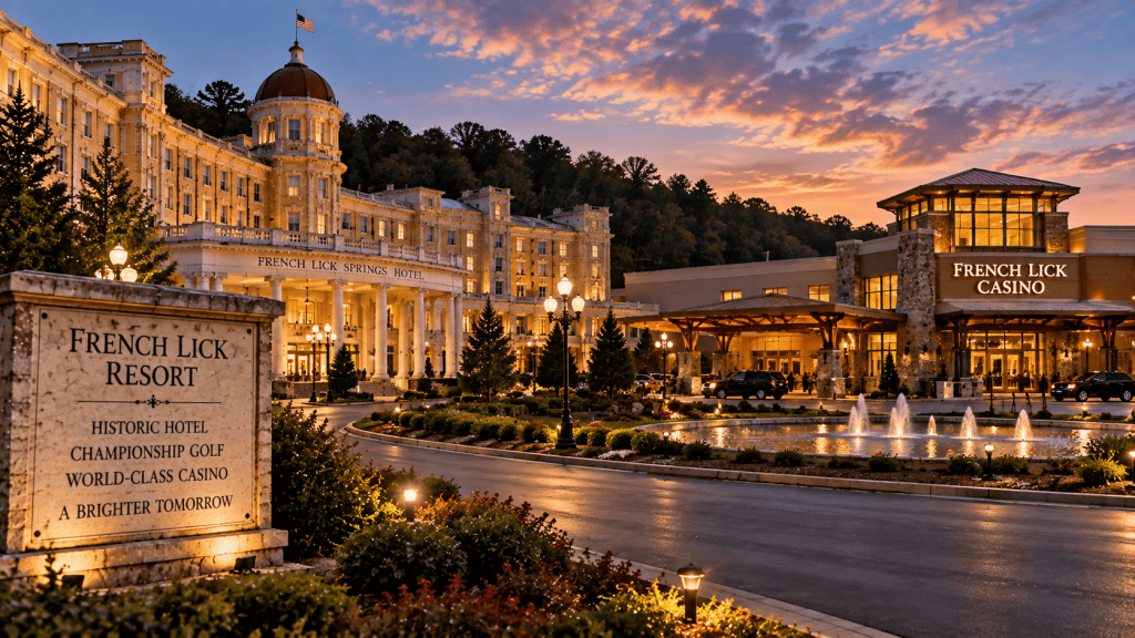 Artistic representation of the restored French Lick Springs Hotel alongside the French Lick Casino, symbolizing the resort community's revival in the 2000s.