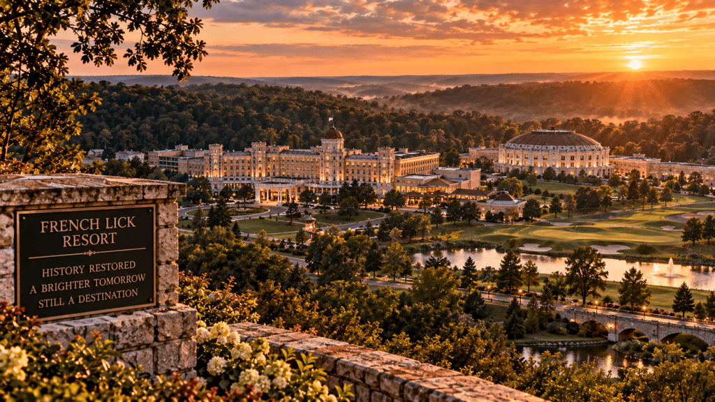 Artistic panoramic representation of the revived French Lick resort community, combining historic resort architecture, golf and landscaped grounds against the hills of southern Indiana.