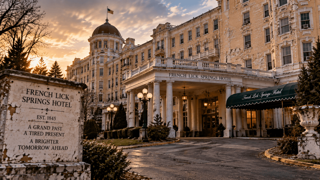 Artistic recreation of French Lick Springs Hotel during its later years before major restoration, showing the historic resort still operating but with signs of age and deterioration.