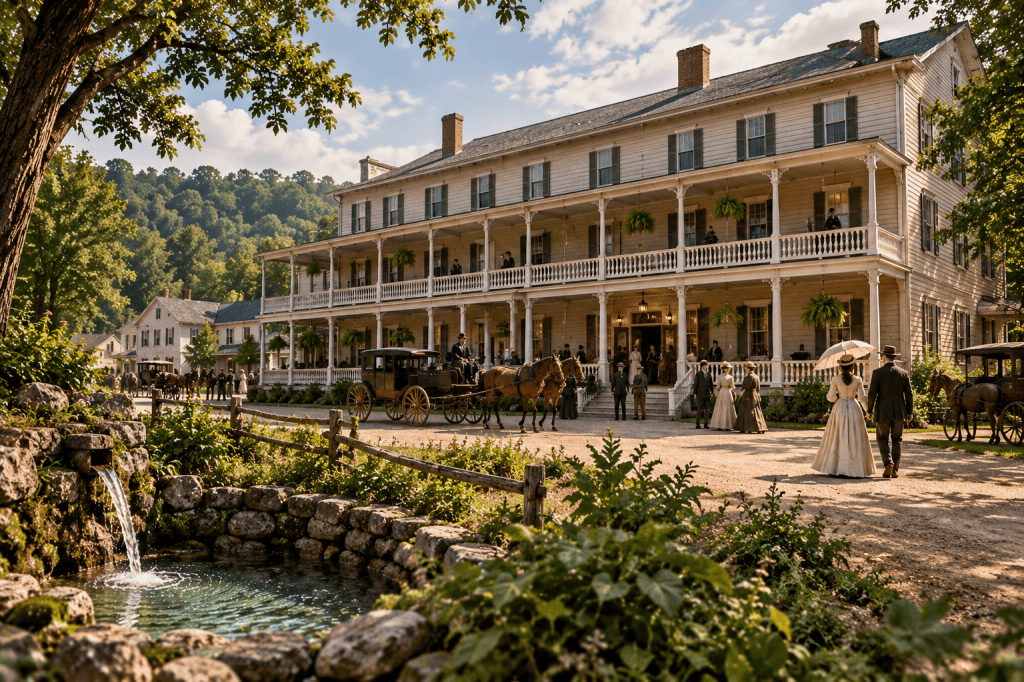 Artistic reconstruction of an early French Lick Springs Hotel with guests arriving by horse-drawn carriage near the mineral springs in southern Indiana.