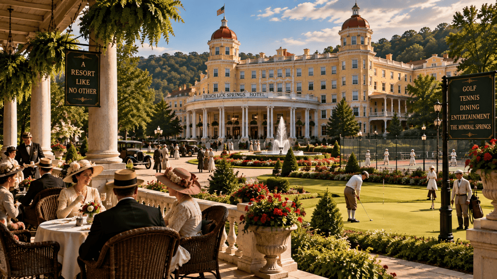 Artistic recreation of French Lick Springs Hotel during its early-20th-century resort era, with elegantly dressed guests, gardens, tennis and golf.