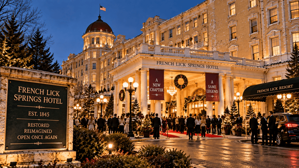 Artistic recreation of a celebratory evening at the restored French Lick Springs Hotel, representing the resort's reopening following its major 2000s renovation.