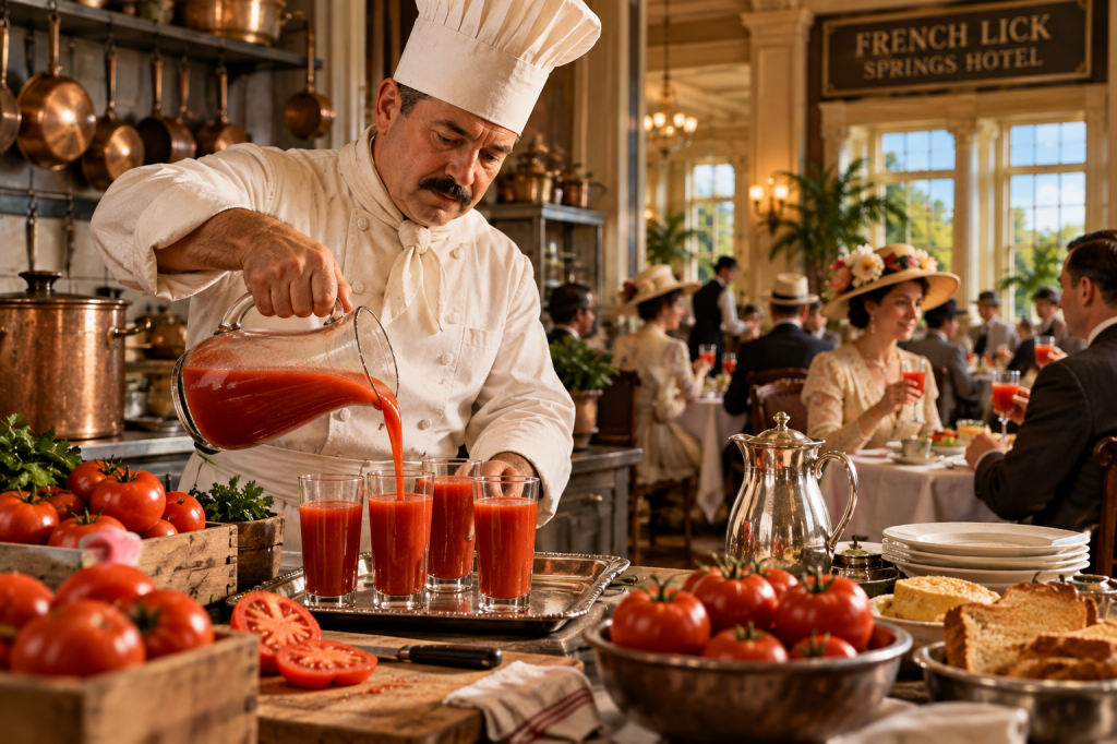 Artistic recreation of a chef preparing tomato juice at French Lick Springs Hotel, representing the resort's story of Louis Perrin serving tomato juice in 1917.