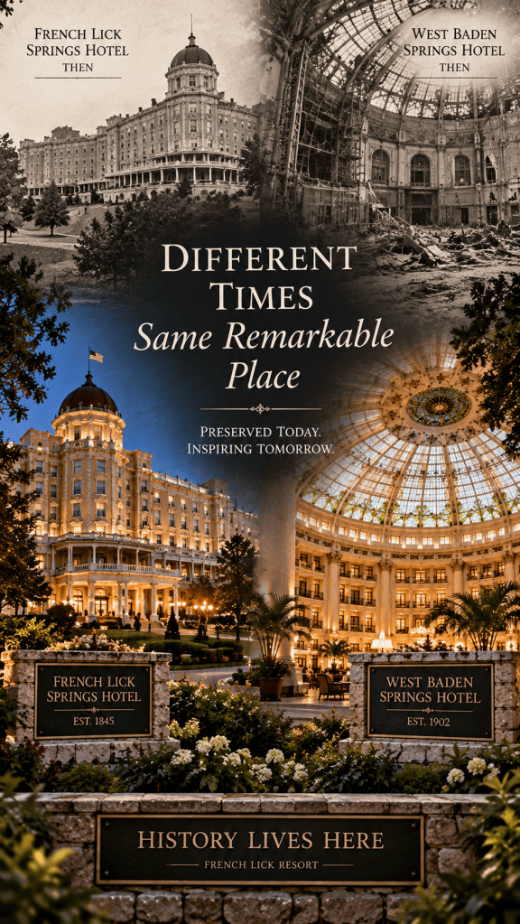 Artistic then-and-now composite showing French Lick Springs Hotel and West Baden Springs Hotel during periods of decline and after their modern restoration.