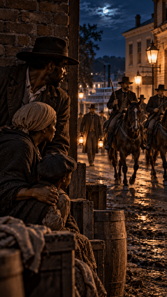 Historical illustration of freedom seekers hiding while armed slave catchers search an Indiana town during the Fugitive Slave Act era