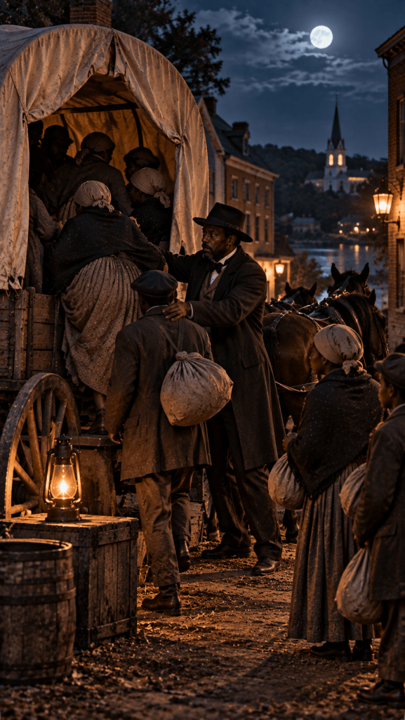 Historical illustration representing freedom seekers boarding a covered wagon at night as part of George DeBaptiste's Underground Railroad network in Madison Indiana