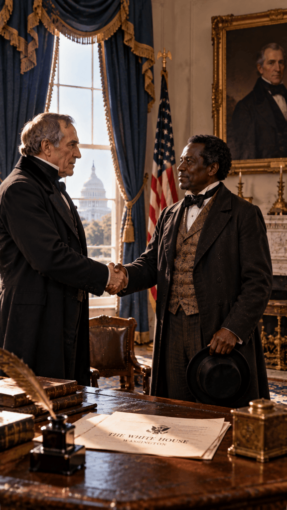 Historical illustration representing George DeBaptiste serving President William Henry Harrison in Washington in 1841