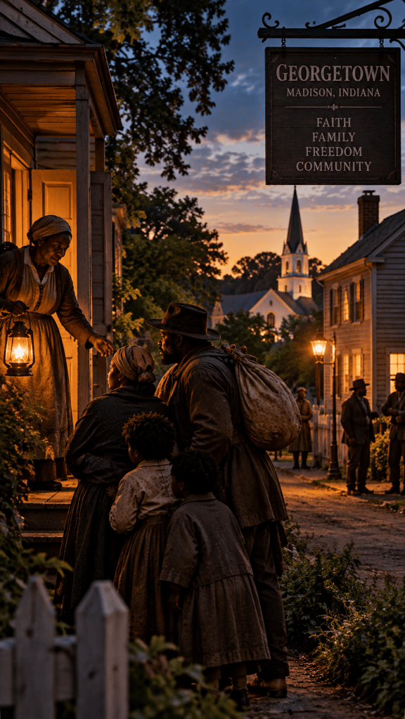 Historical illustration representing Madison Indiana's Georgetown neighborhood and its Black community during the Underground Railroad era