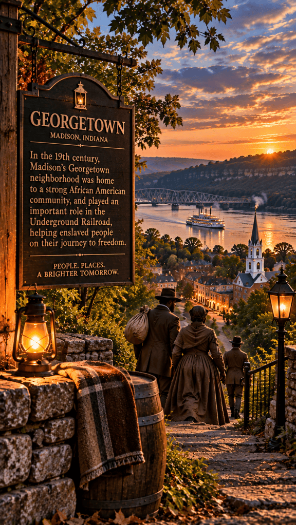 Historical illustration representing Madison Indiana's Georgetown neighborhood and its African American community during the Underground Railroad era