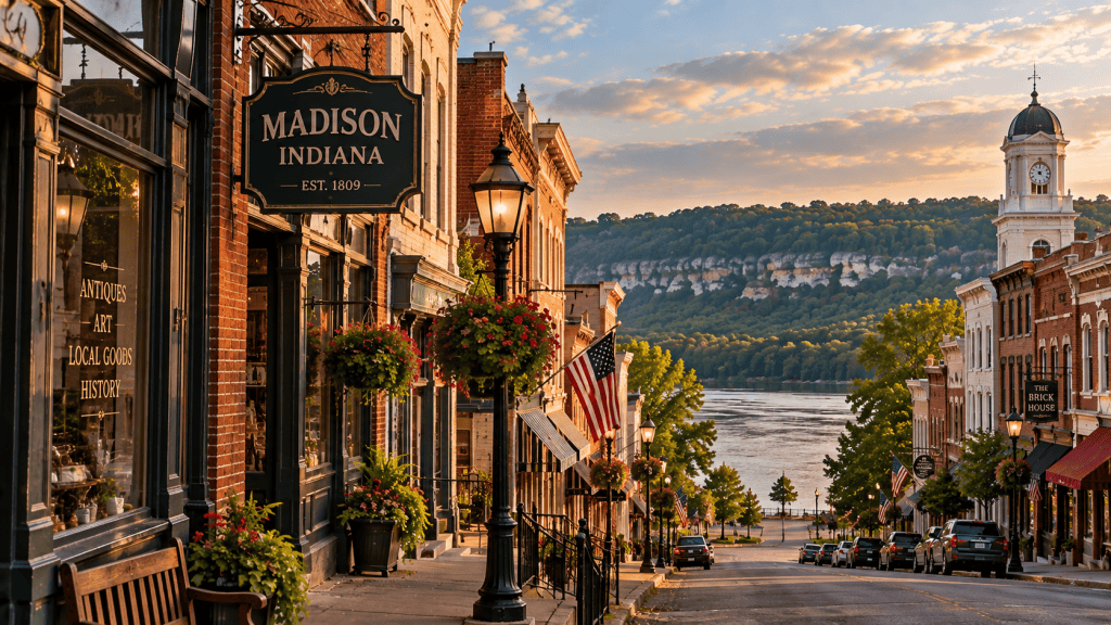 Historic downtown Madison Indiana with brick storefronts overlooking the Ohio River at sunset
