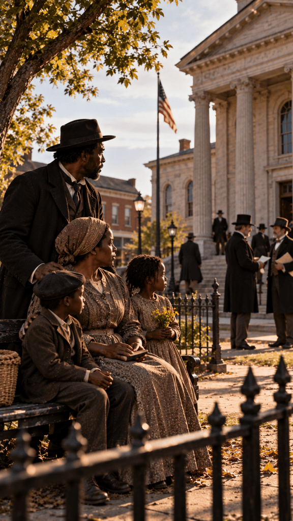 Historical illustration representing a free Black family in Indiana during the era of the state's 1851 constitutional racial restrictions