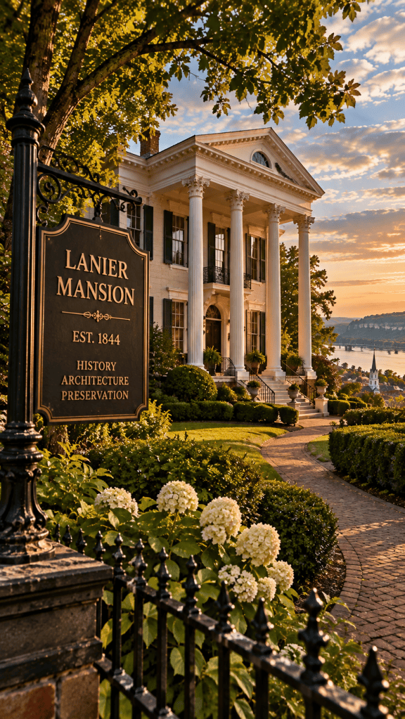 Illustration of the historic Lanier Mansion in Madison Indiana, a Greek Revival home completed in 1844