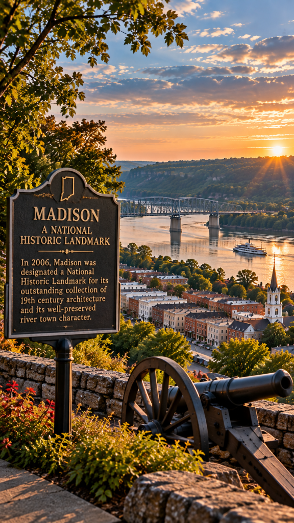Illustration of Madison Indiana overlooking the Ohio River highlighting the city's National Historic Landmark designation