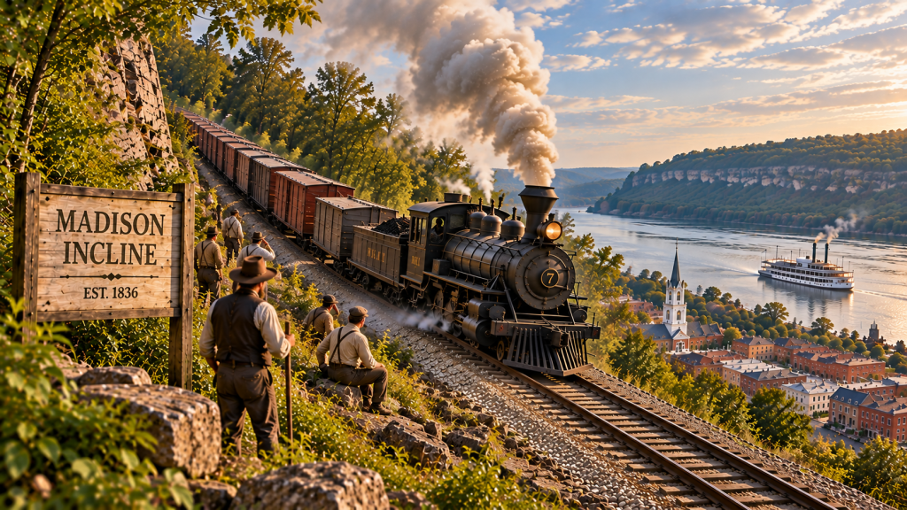 Artist's visualization of a steam locomotive on the historic Madison Incline above Madison Indiana