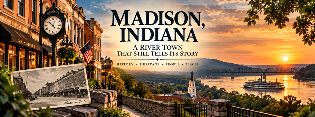Historic Madison Indiana overlooking the Ohio River, featuring downtown architecture, riverboat and bridge at sunset