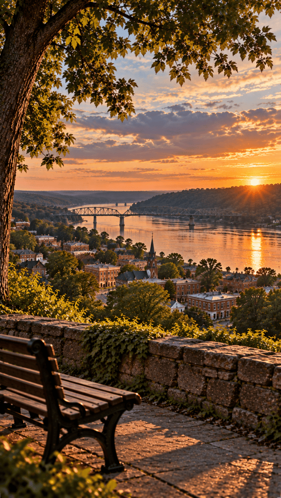 Artistic sunset view overlooking Madison Indiana and the Ohio River at the conclusion of The Road to Freedom