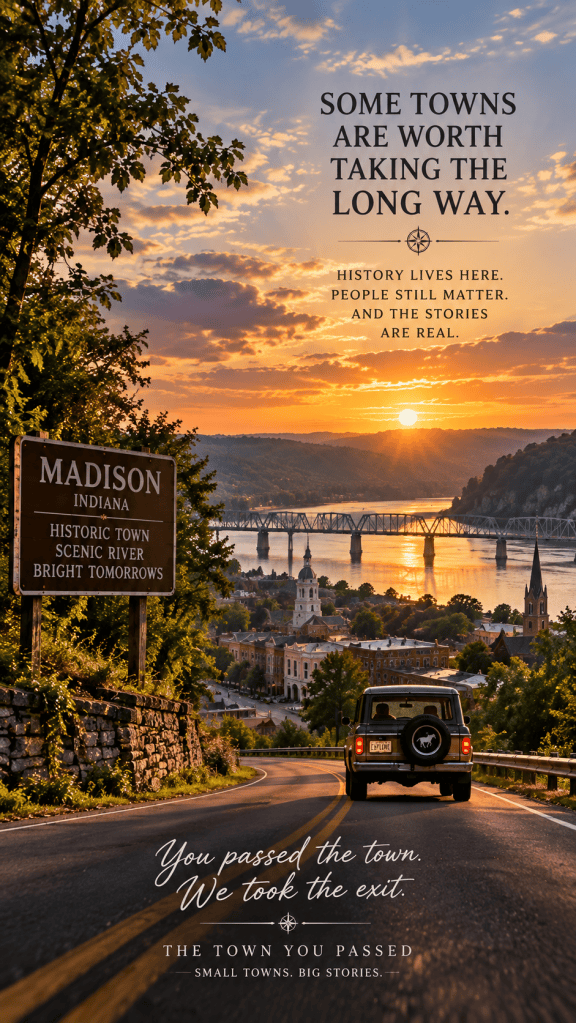 Illustrated sunset view of a road descending toward historic Madison Indiana and the Ohio River with The Town You Passed closing message