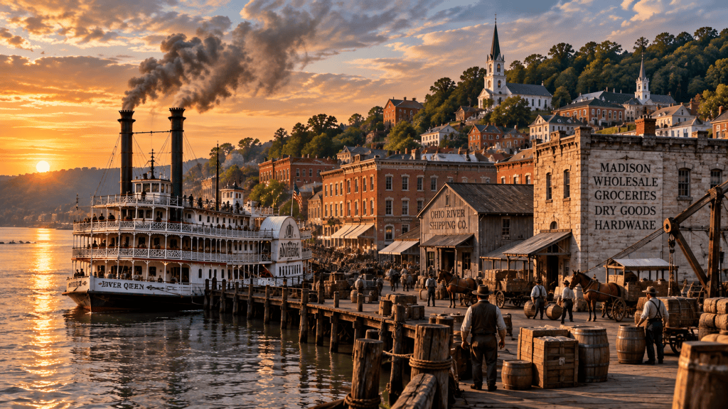 Artist's visualization of Madison Indiana during the Ohio River steamboat era with a riverboat, wharf, warehouses and historic riverfront
