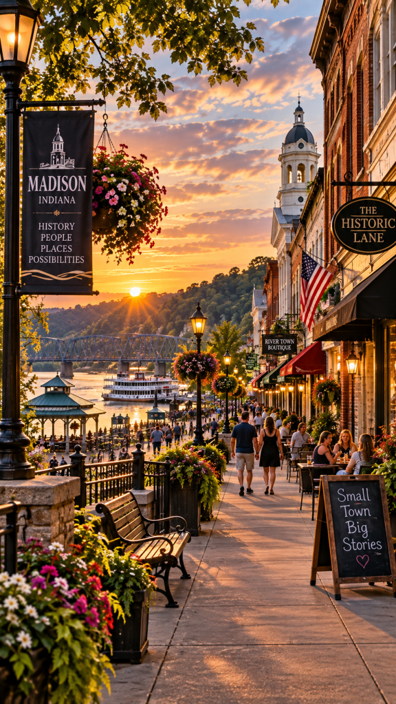 Illustration of present-day Madison Indiana with historic downtown shops, visitors and the Ohio River at sunset
