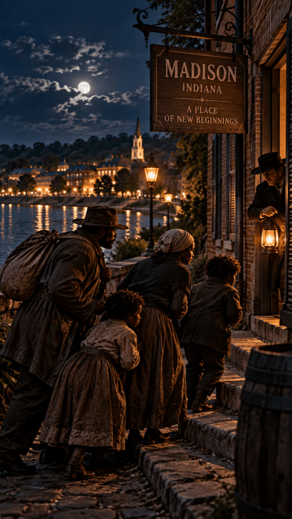 Historical illustration of a Black family arriving in Madison Indiana after crossing the Ohio River during the Underground Railroad era