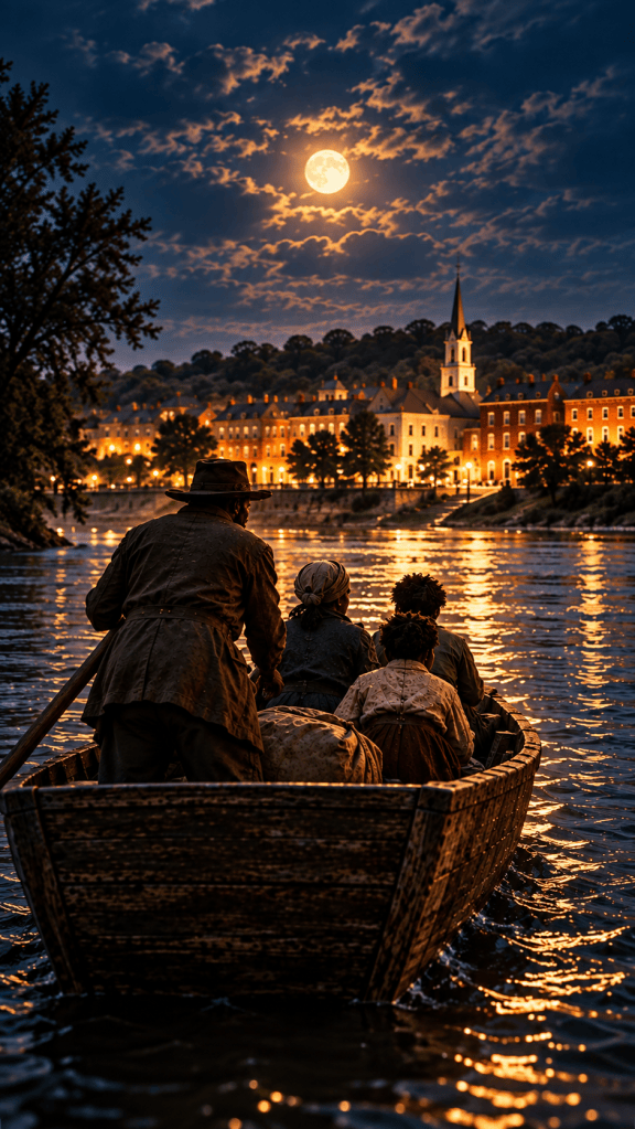 Historical illustration of freedom seekers crossing the Ohio River toward Madison Indiana during the Underground Railroad era