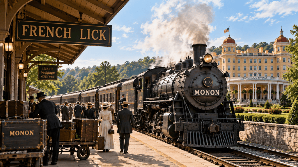 Artistic recreation of a Monon passenger train arriving in French Lick, Indiana, as early-20th-century travelers unload near French Lick Springs Hotel.