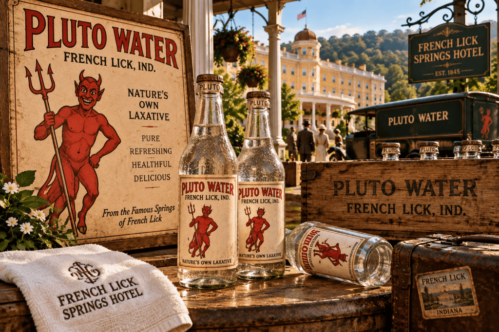 Artistic recreation of vintage Pluto Water bottles and advertising from French Lick, Indiana, with the historic French Lick Springs Hotel in the background.