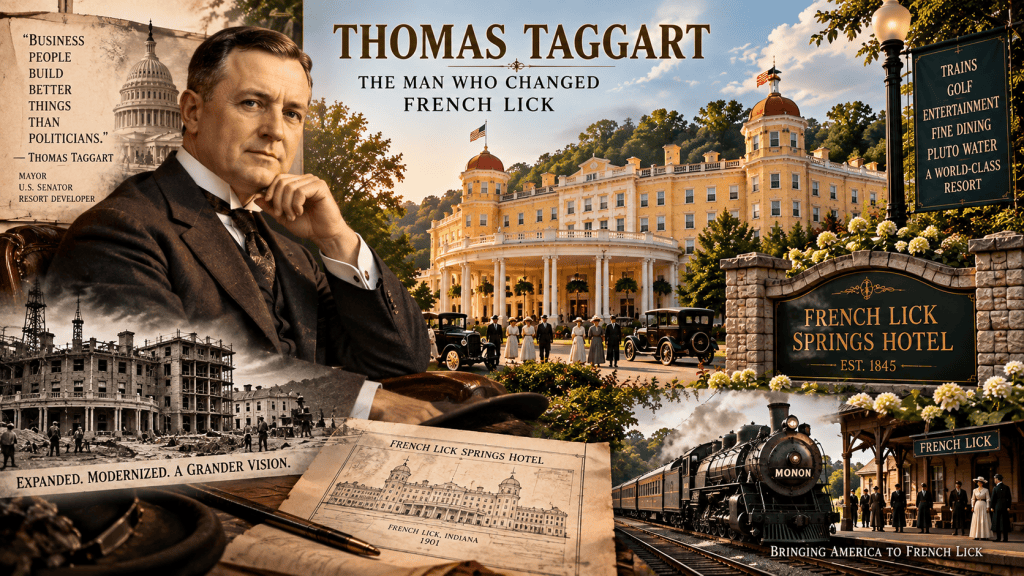 Historical illustration representing Thomas Taggart and the transformation of French Lick Springs Hotel, with the grand resort, railroad and early-20th-century visitors.
