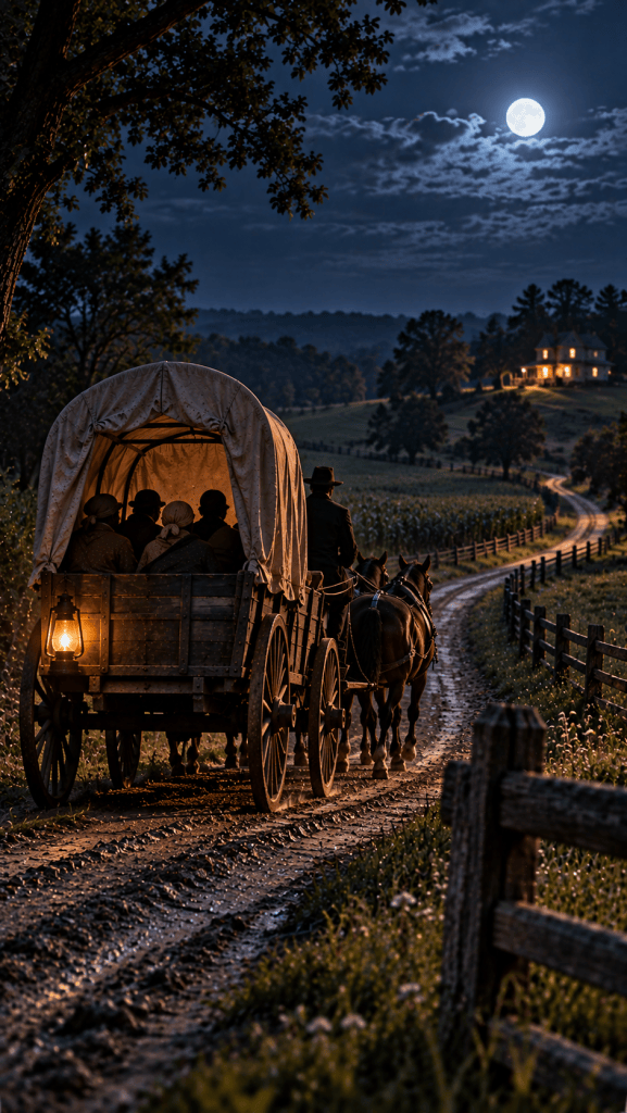 Historical illustration of freedom seekers traveling north by covered wagon from Madison Indiana toward another Underground Railroad connection