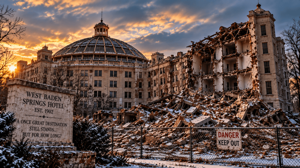 Artistic recreation of the 1991 partial collapse of West Baden Springs Hotel, showing a large section of the exterior destroyed while the historic dome remains standing.