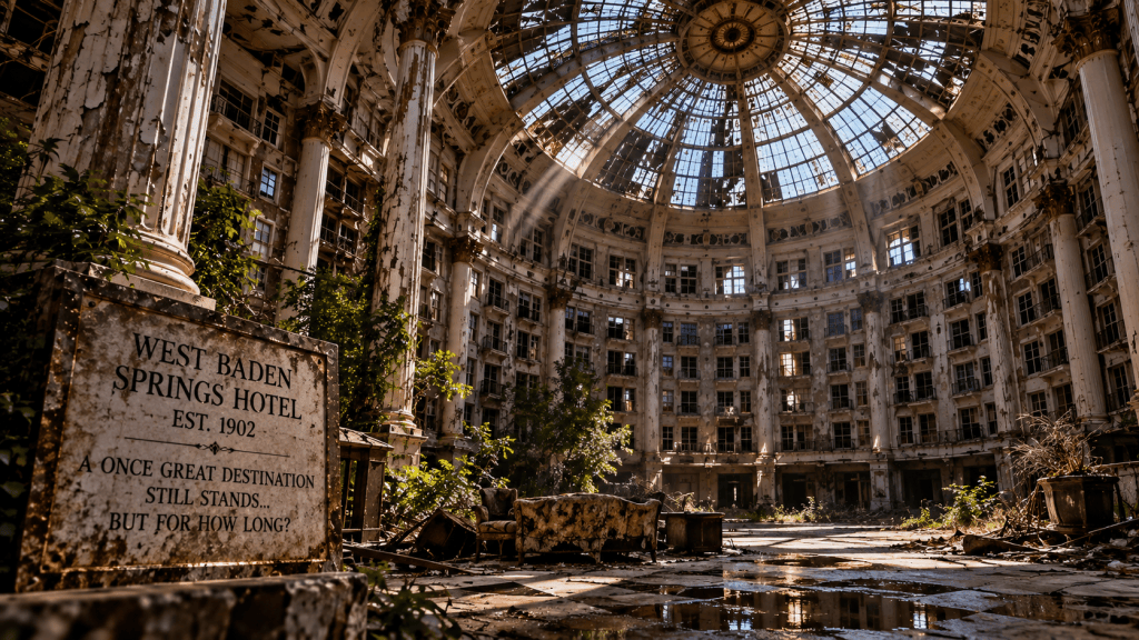 Artistic recreation of the deteriorating West Baden Springs Hotel atrium, with damaged surfaces, broken windows and vegetation representing the years when the historic hotel stood vacant.