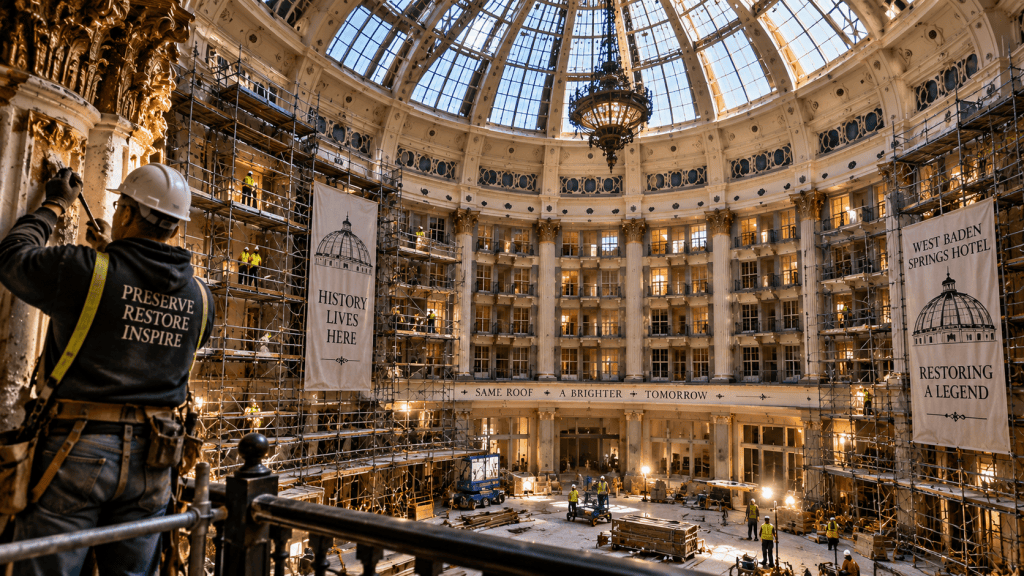 Artistic recreation of restoration crews working inside the enormous domed atrium of West Baden Springs Hotel, with scaffolding surrounding the historic balconies and architectural details.